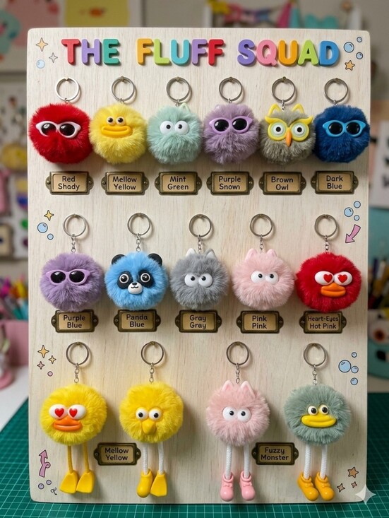Accessories - Fuzzy Pom Animal Keychain - Assorted Pastel & Bright Colors - ONE